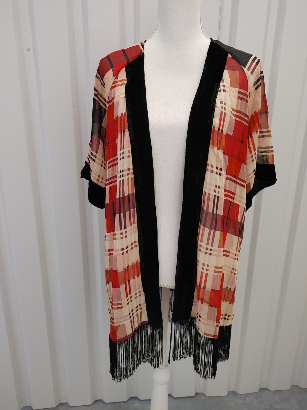 Petticoat Cardigan Alley Open Sheer Fringe Velvet Detail Color Block Large